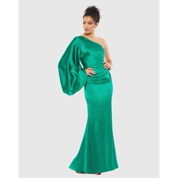 Mac Duggal Size 8 Green 26588 Satin One Shoulder Formal Evening Dress Gown Prom - Picture 1 of 11